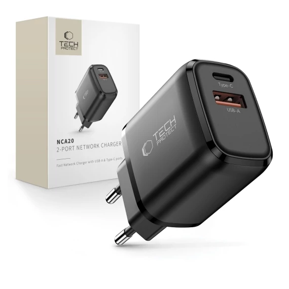 Tech-Protect NCA20 2-Port 20W Fali Adapter Fekete